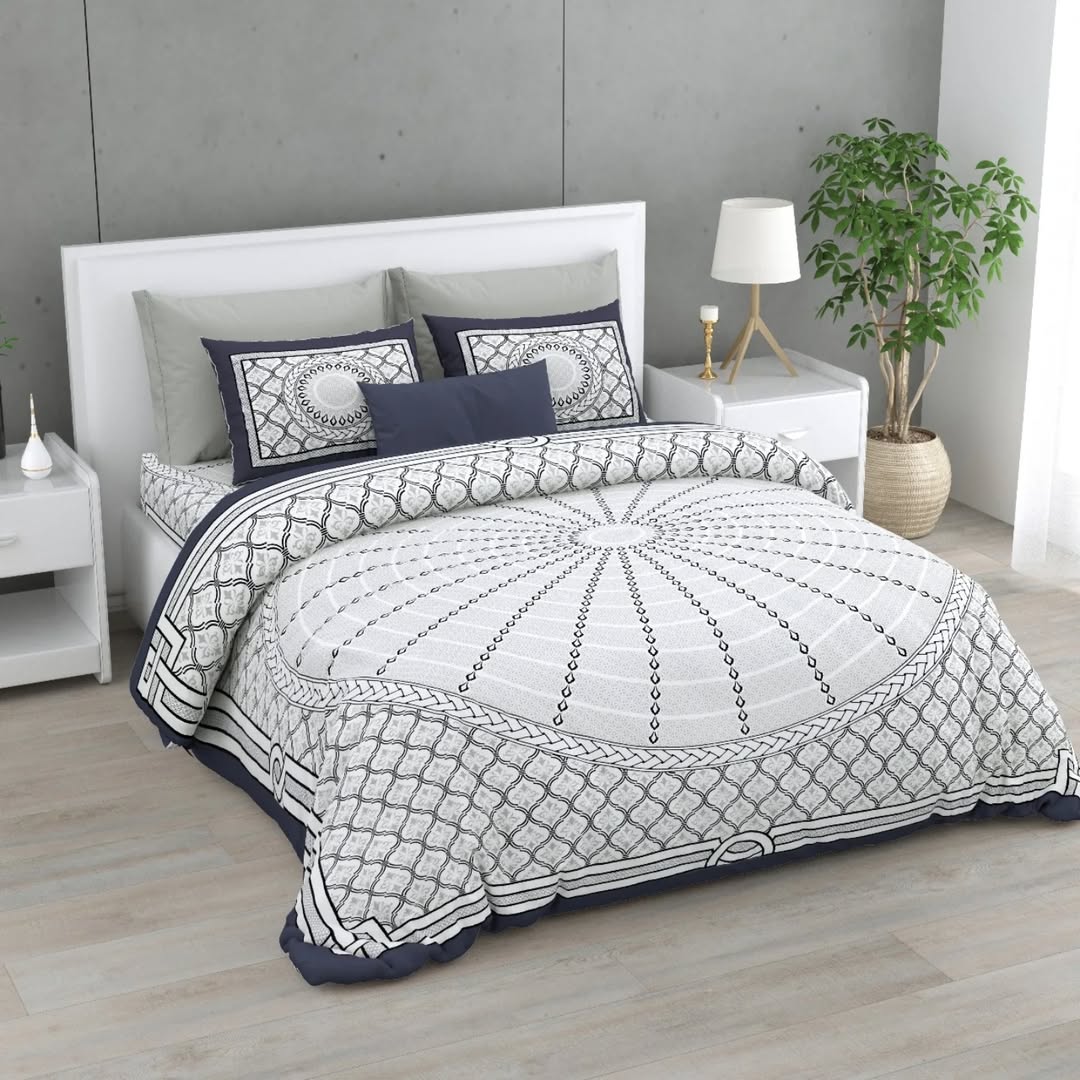 Navy Mandala Pure Cotton King Size Bedsheet – Geometric Print with Matching Pillow Covers JUTONWeaves
