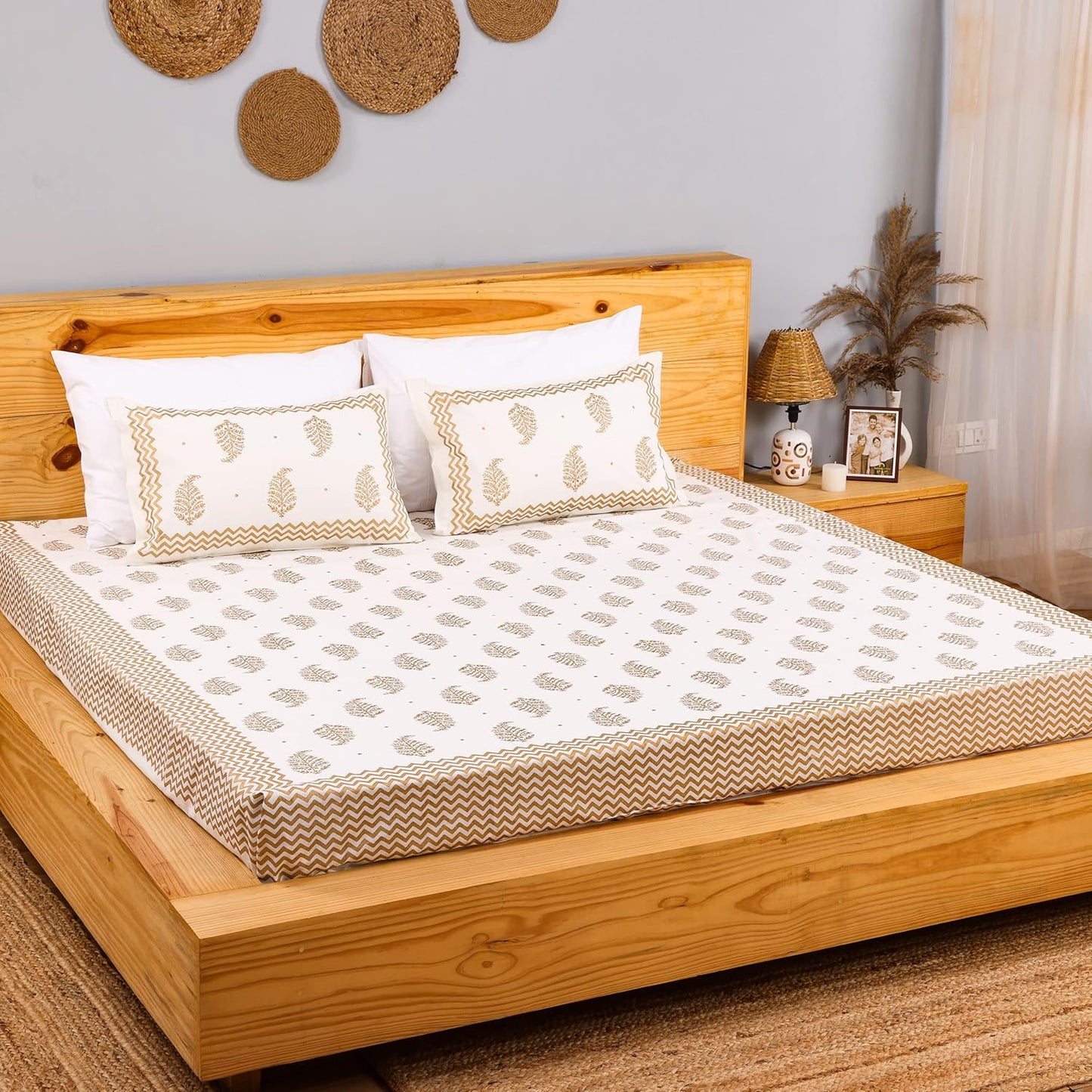 Gold Leaf Print Pure Cotton King Size Bedsheet – Elegant Jaipuri Handblock Design JUTONWeaves