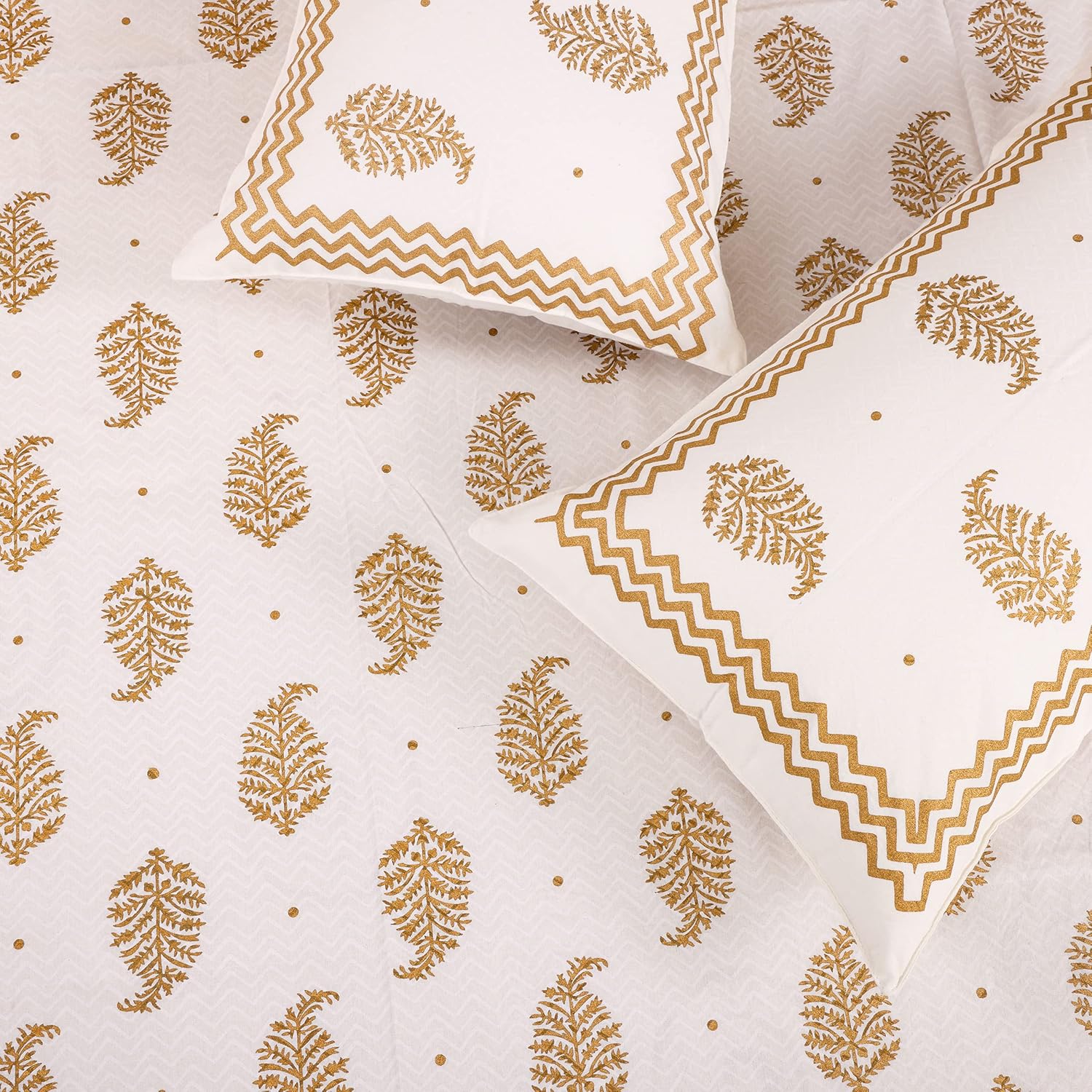 Gold Leaf Print Pure Cotton King Size Bedsheet – Elegant Jaipuri Handblock Design JUTONWeaves