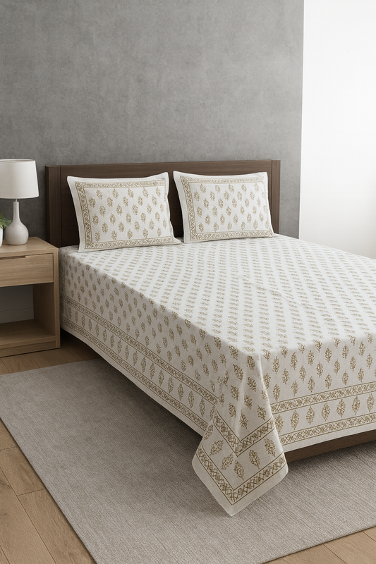 White & Gold Handblock Printed Cotton Bedsheet with Pillow Covers JUTONWeaves