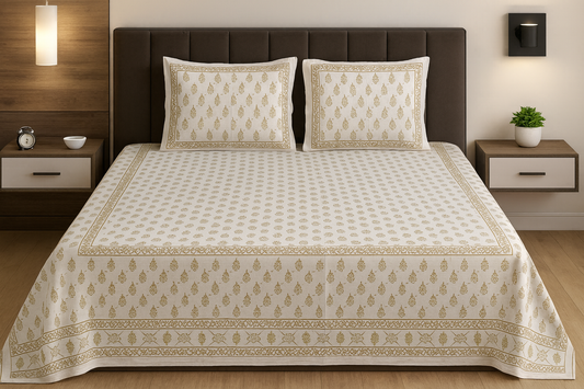 Golden Bloom Hand-Block Printed Pure Cotton King Size Bedsheet with Pillow Covers JUTONWeaves