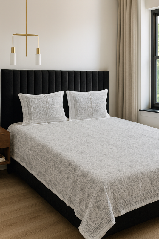 Elegant Silver Bloom Pure Cotton King Size Bedsheet Set JUTONWeaves