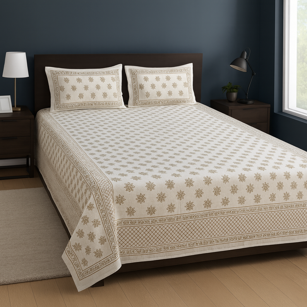 Gold Print Pure Cotton King Size Bedsheet – Elegant Floral Jaipuri Design JUTONWeaves