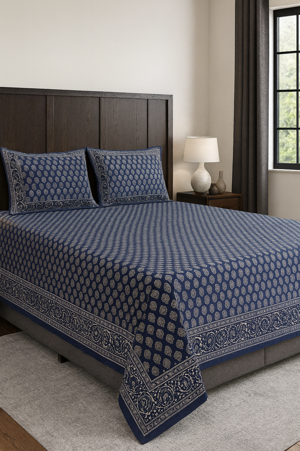 Royal Indigo Gold Print Jaipuri 100% Cotton King Bedsheet JUTONWeaves