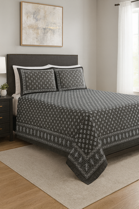 Black Floral Handblock Print Cotton King Size Bedsheet – Ethnic Jaipuri Design JUTONWeaves