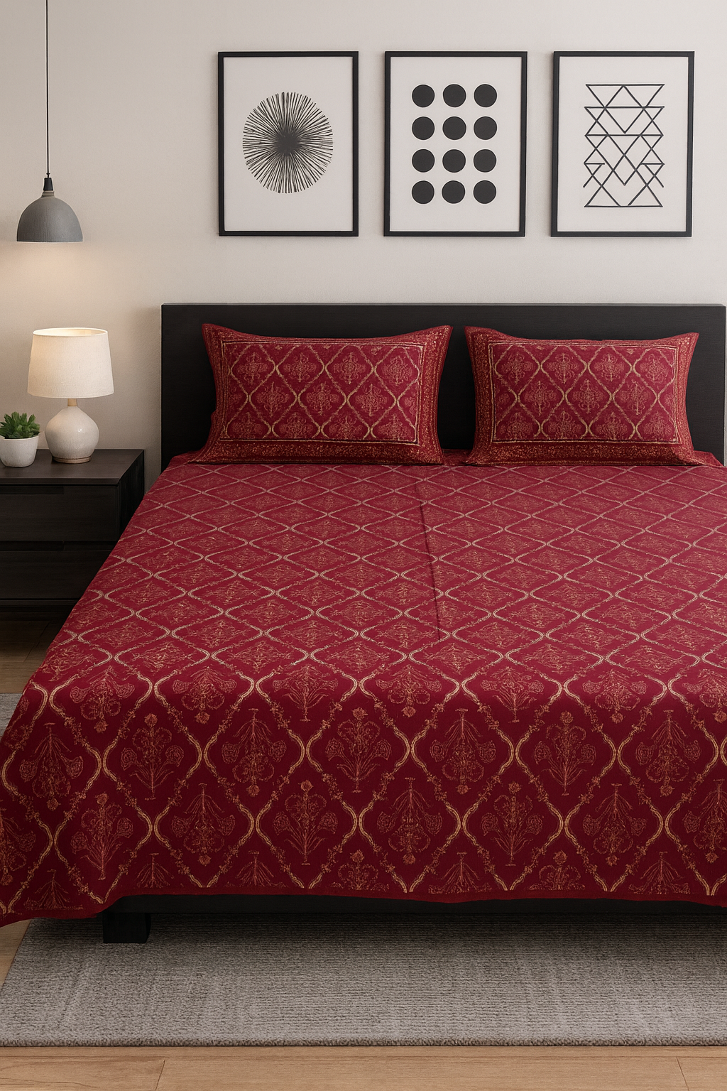Royal Red Gold Print Pure Cotton King Size Bedsheet – Mughal Jaipuri Design JUTONWeaves