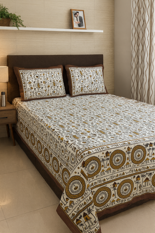Jaipuri Tribal Art Print Cotton Bedsheet with Pillow Covers JUTONWeaves
