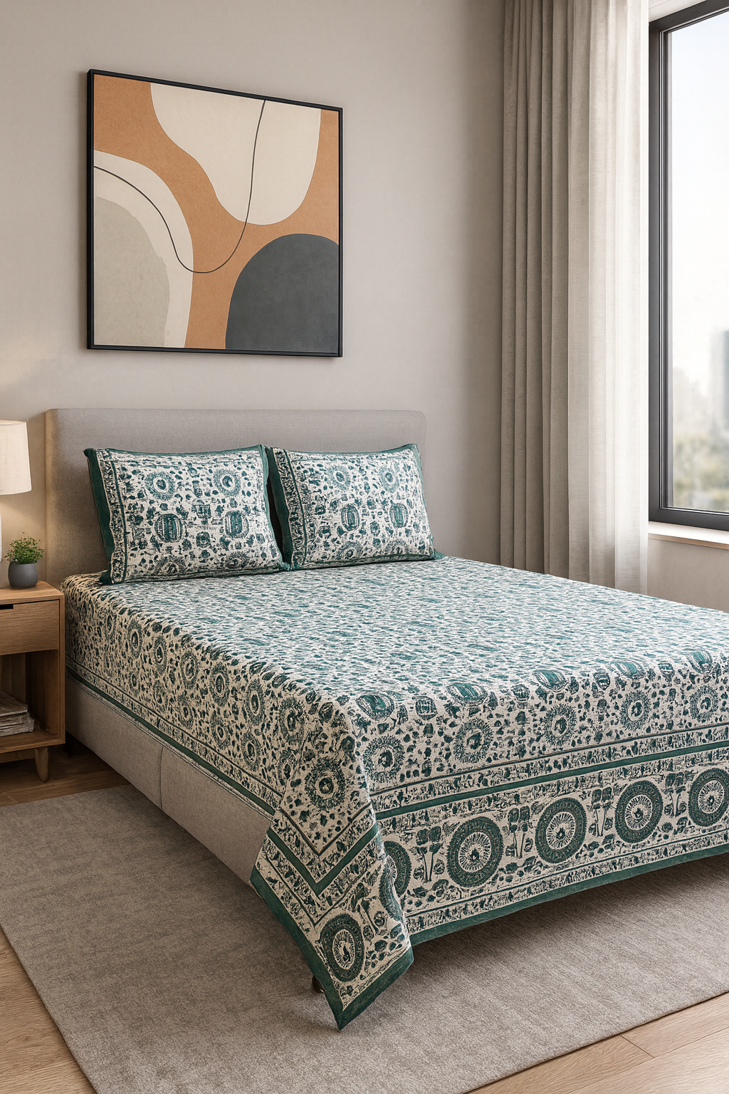 Jaipuri Tribal Art Print Cotton Bedsheet with Pillow Covers (Green) JUTONWeaves