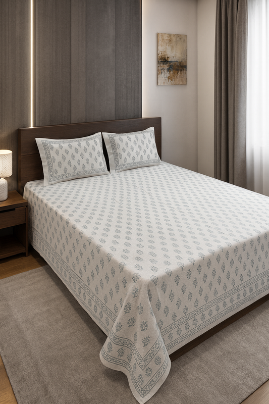 Pure Cotton Silver Printed Bedsheet – Handcrafted Floral Design JUTONWeaves