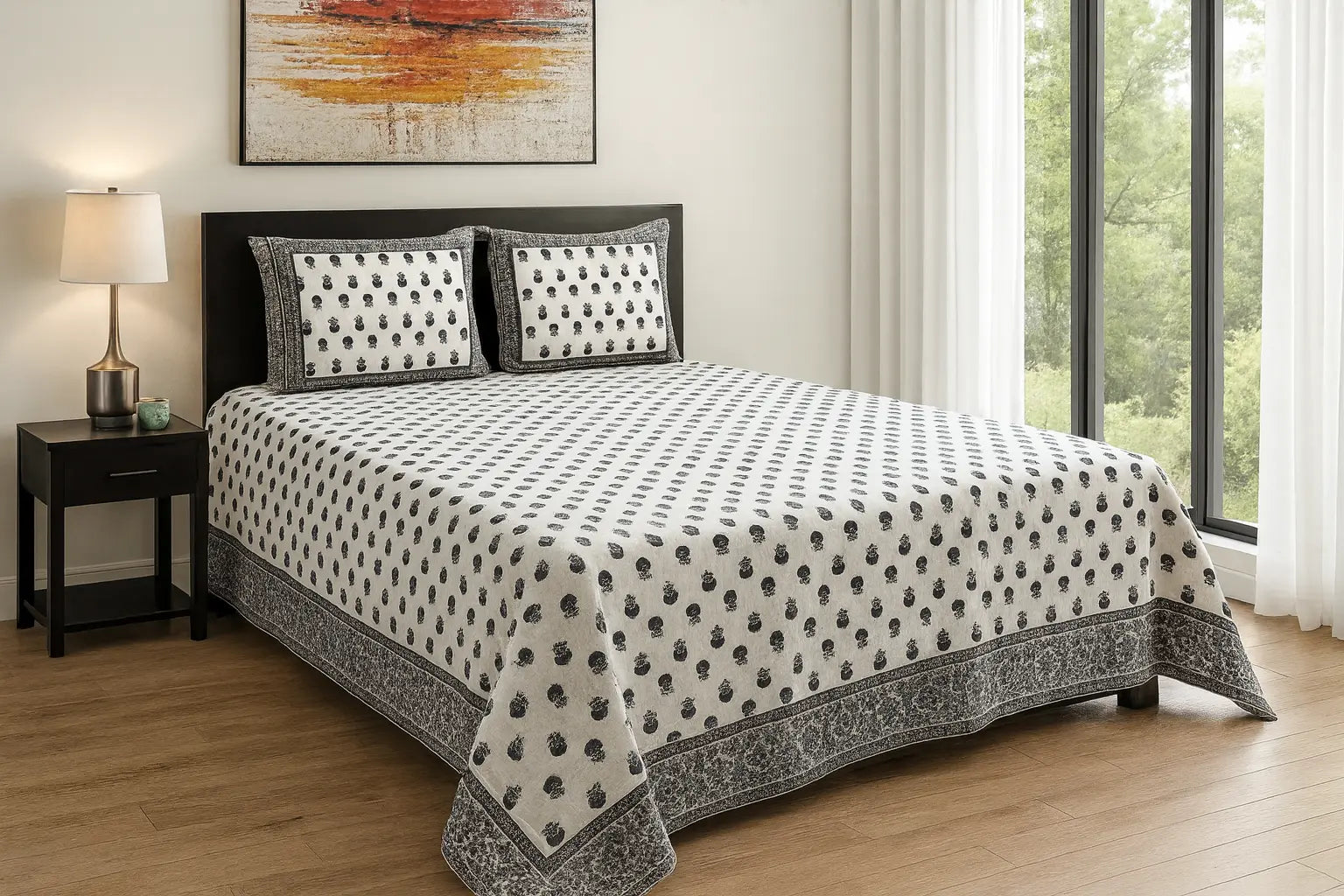 Indigo Floral Handblock Print Cotton Bedsheet – King Size (90x108 inch) JUTON