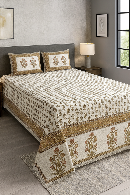 Heritage Floral Gold Print Cotton Bedsheet – King Size (100 x 108 Inch) JUTON