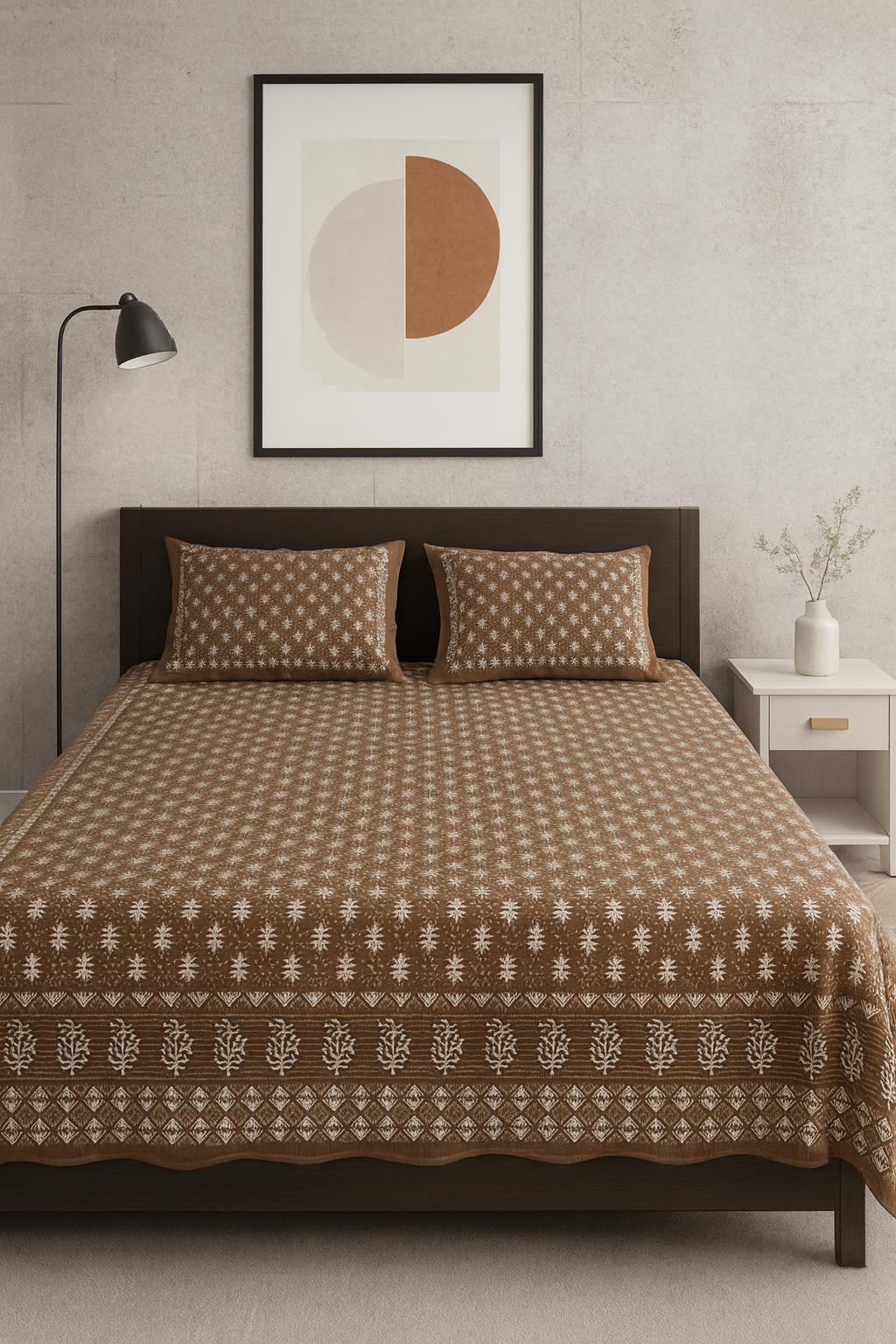 Cotton Brown Floral King Size Bedsheet with Matching Pillow Covers | Handblock Inspired Print JUTONWeaves