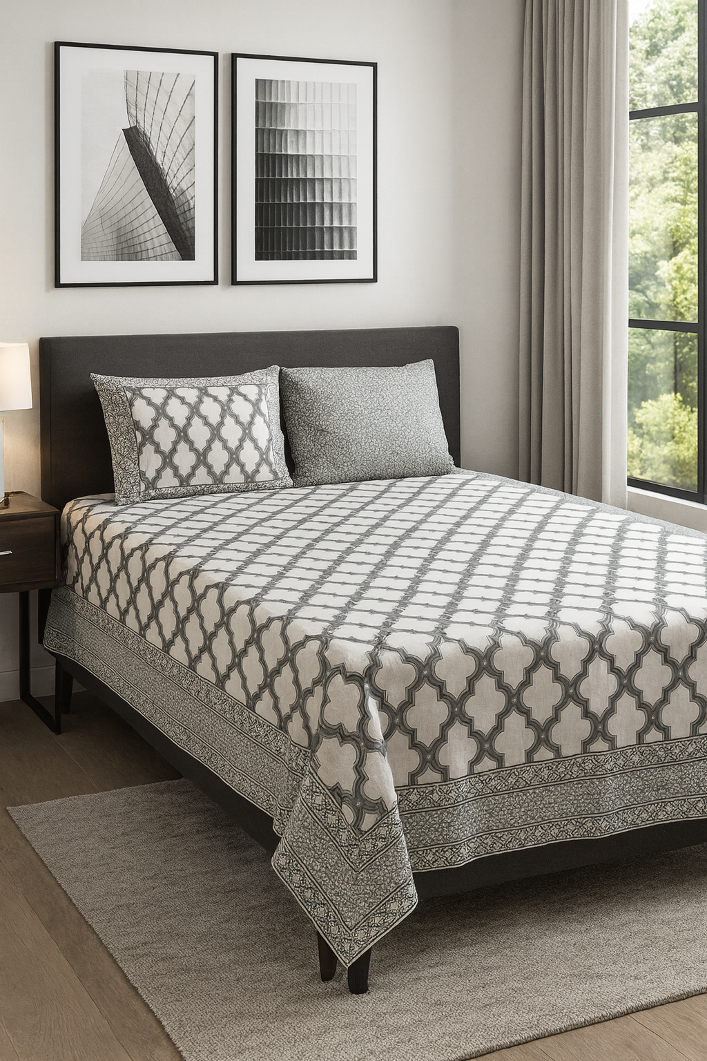 Classic White & Grey Block Print King Size Cotton Bedsheet JUTONWeaves