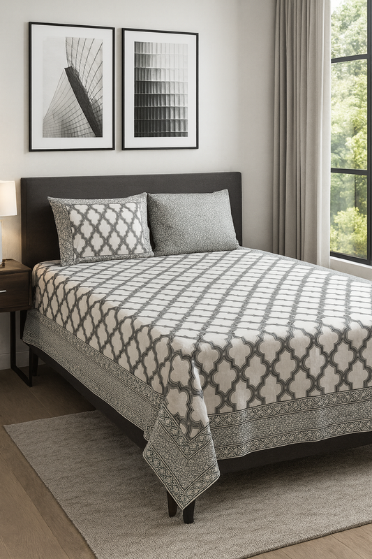 Classic White & Grey Block Print King Size Cotton Bedsheet JUTONWeaves