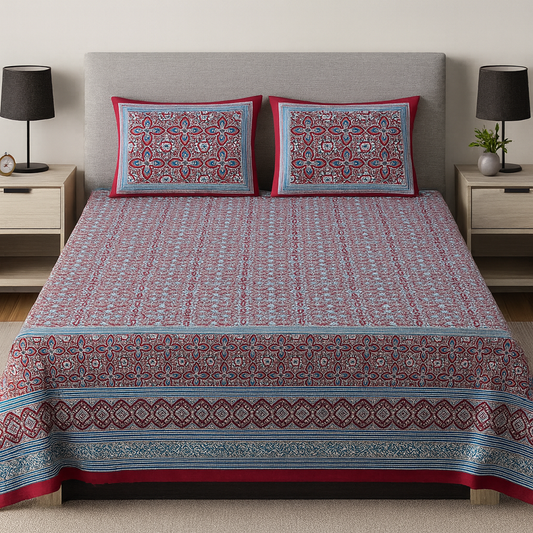 Mandala Magic Maroon & Blue Pure Cotton King Size Bedsheet JUTONWeaves