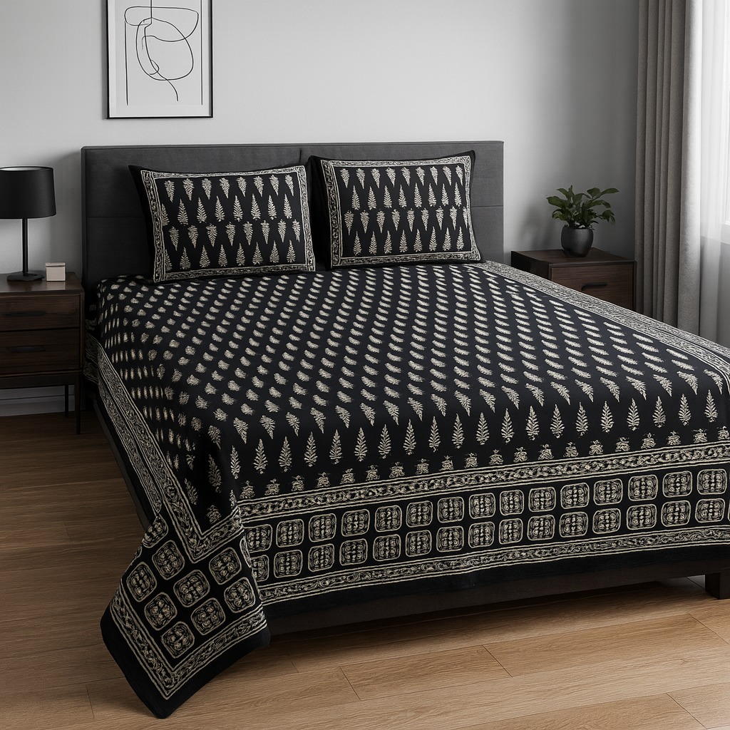 Black & White Handblock Cotton King Size Bedsheet – Minimal Leaf Jaipuri Design JUTONWeaves