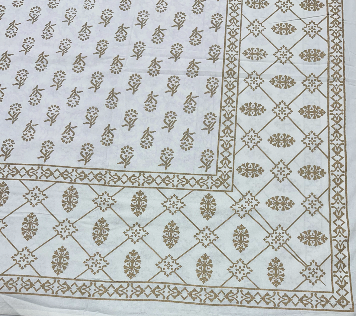 White & Gold Handblock Printed Cotton Bedsheet with Pillow Covers JUTONWeaves