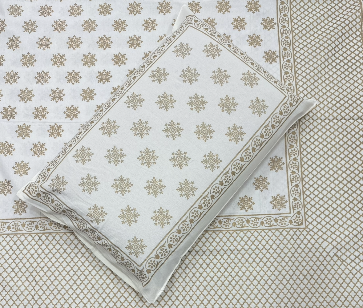 Gold Print Pure Cotton King Size Bedsheet – Elegant Floral Jaipuri Design JUTONWeaves