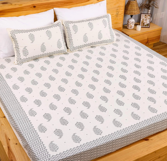 Silver Print Pure Cotton King Size Bedsheet – Minimal Leaf Jaipuri Design JUTONWeaves