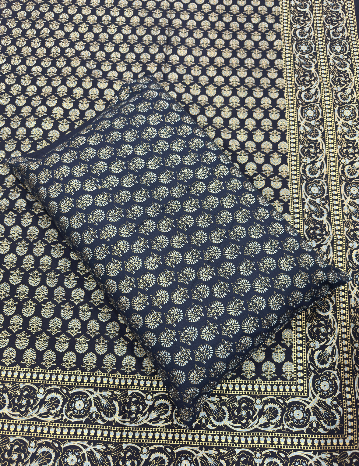 Royal Indigo Gold Print Jaipuri 100% Cotton King Bedsheet JUTONWeaves