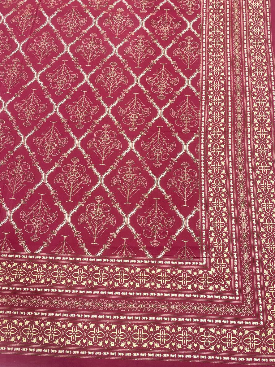 Royal Red Gold Print Pure Cotton King Size Bedsheet – Mughal Jaipuri Design JUTONWeaves