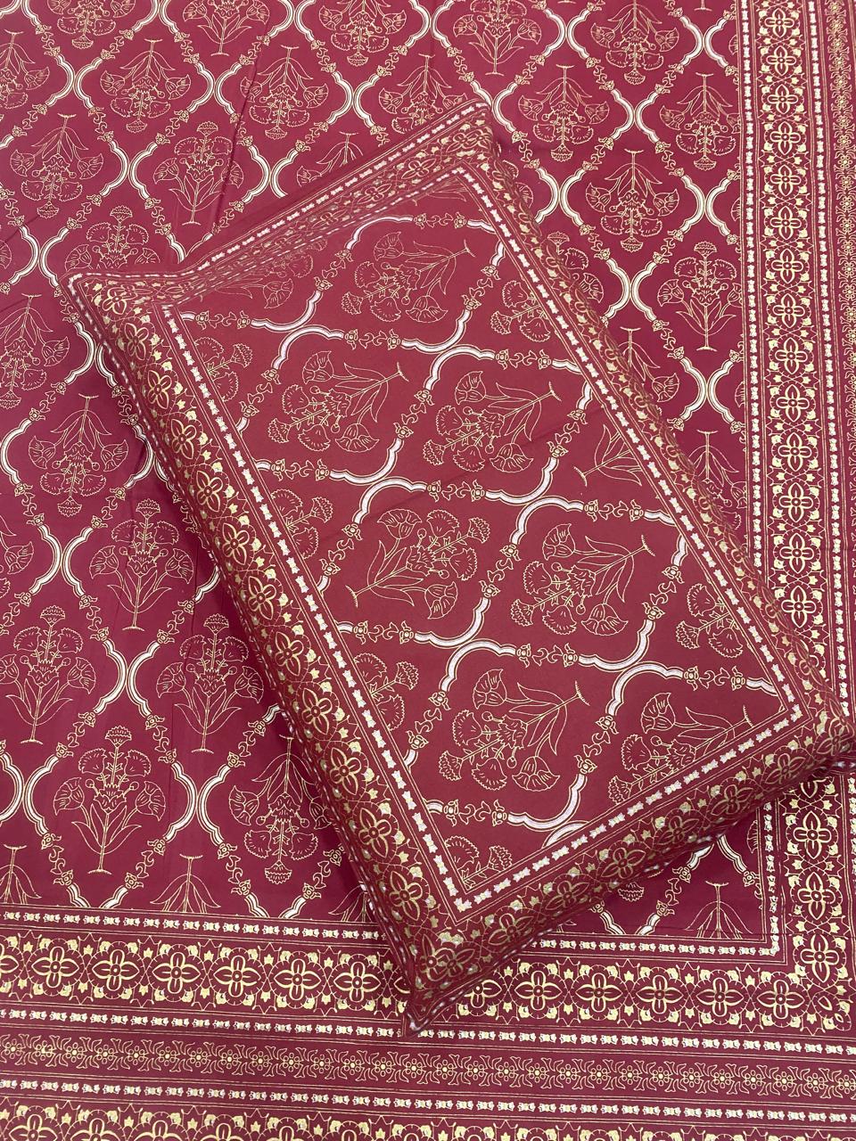 Royal Red Gold Print Pure Cotton King Size Bedsheet – Mughal Jaipuri Design JUTONWeaves
